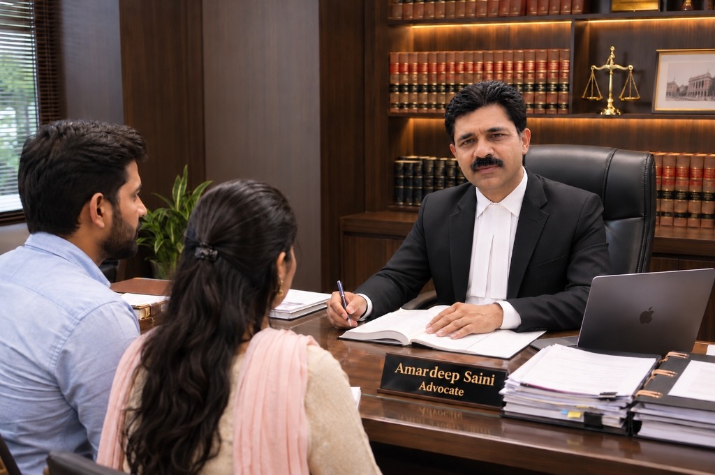 Advocate Amardeep Saini conducting client consultation at RCS & Associates Chambers
